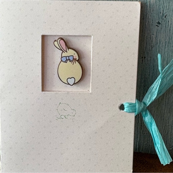 Tiny little bunny pin with pink ears, a blue bow, and white “heart” cottontail - Picture 8 of 12
